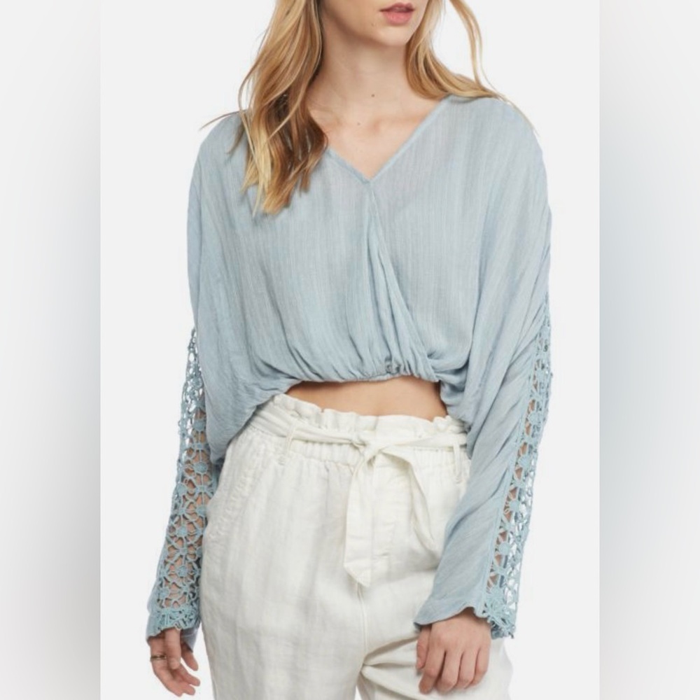 Free People Runaway Crochet Blouse Sky Blue M NWT Boho Cropped - Picture 3 of 11